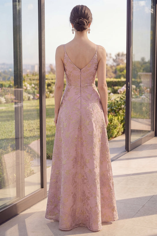 Robe longue fleurie à encolure en V en jacquard rose poudré avec fente