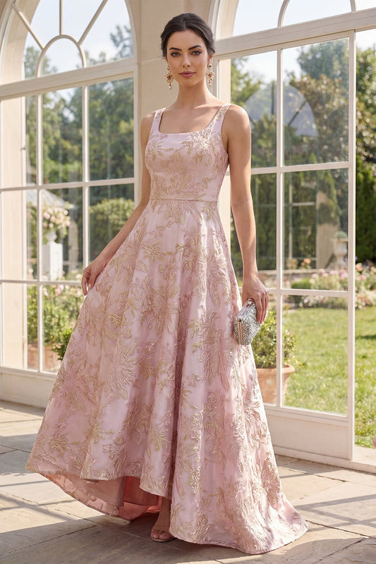 Robe longue évasée jacquard à encolure carrée et imprimé floral, coloris blush