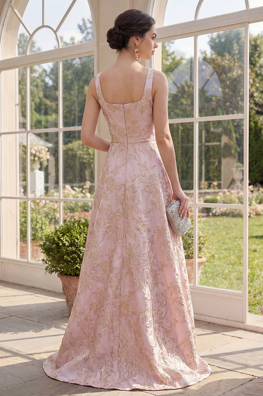 Robe longue évasée jacquard à encolure carrée et imprimé floral, coloris blush