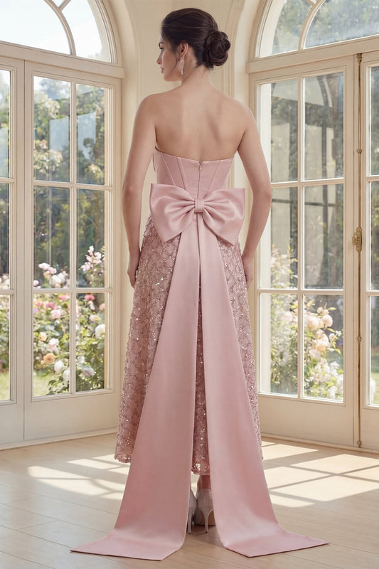Strapless Blush Corset A Line Bowed Midi Dress