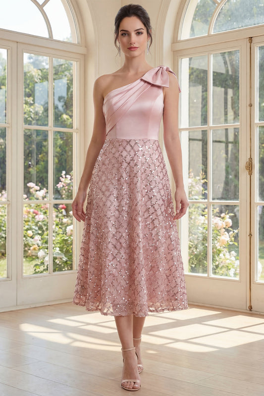Robe midi à sequins blush asymétrique avec nœud