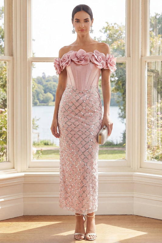 Robe longue fourreau bustier rose poudré avec fleurs 3D
