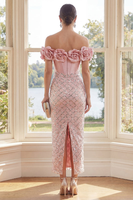 Robe longue fourreau bustier rose poudré avec fleurs 3D