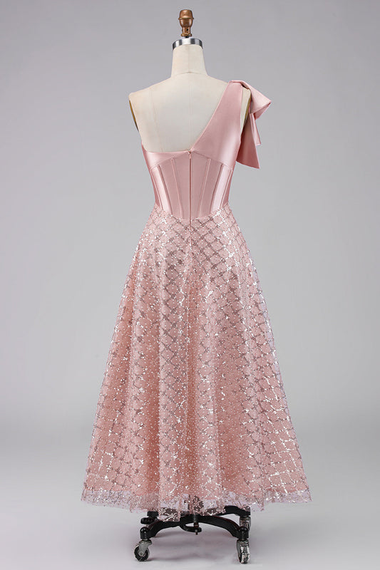Sparkly One Shoulder Blush Ruched A Line Midi Dress