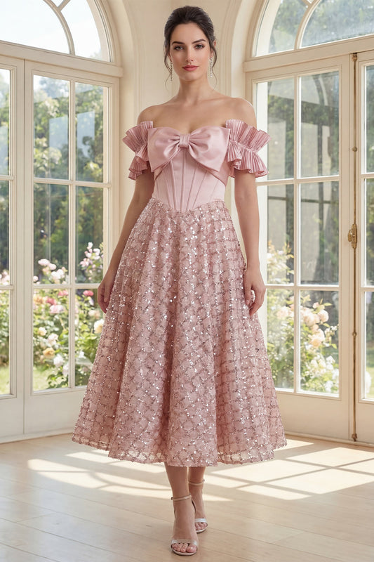 Off the Shoulder Blush Corset A Line Midi Dress with Bow