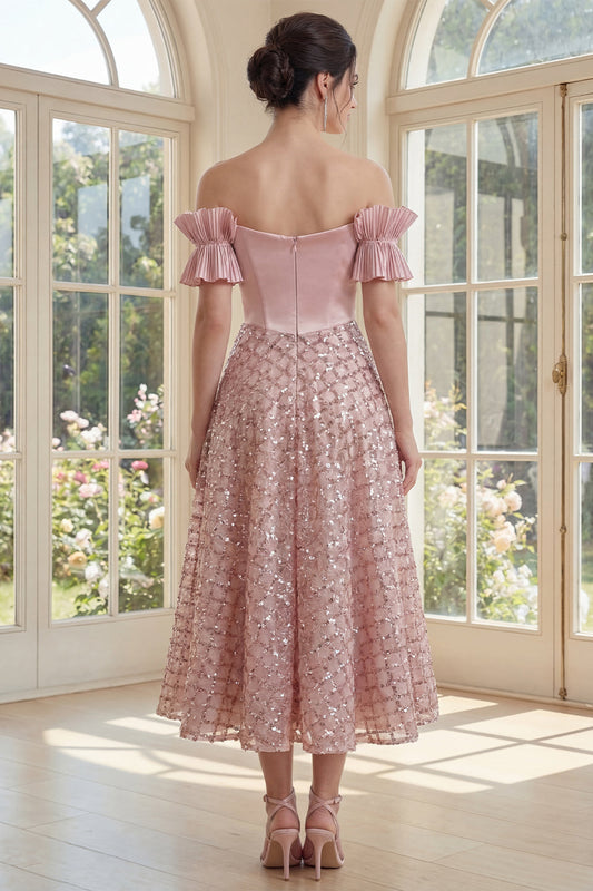 Off the Shoulder Blush Corset A Line Midi Dress with Bow