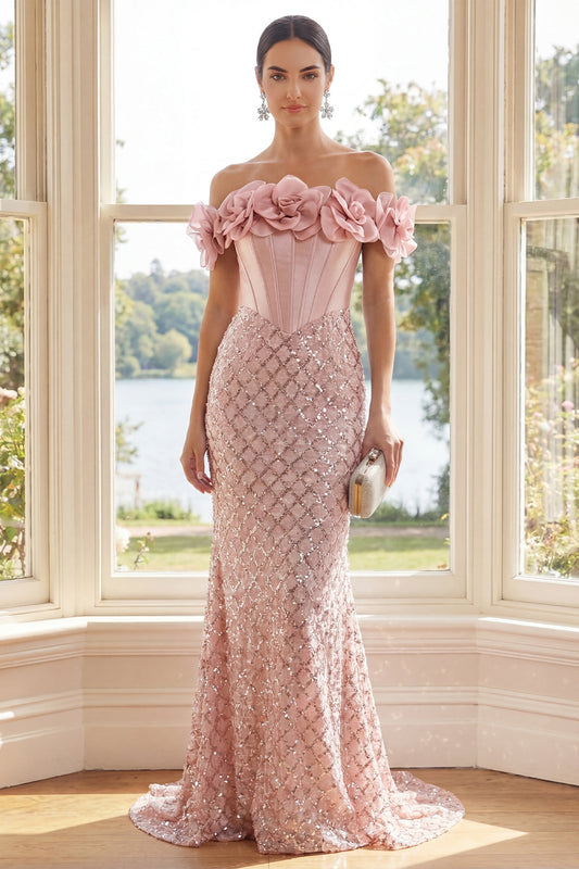Off the Shoulder Blush Sequin Mermaid Corset Maxi Dress with 3D Flowers