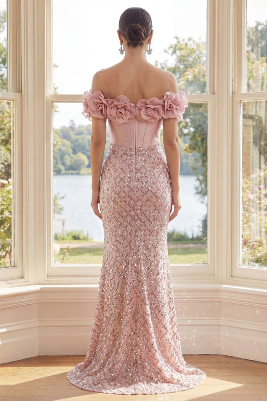 Off the Shoulder Blush Sequin Mermaid Corset Maxi Dress with 3D Flowers