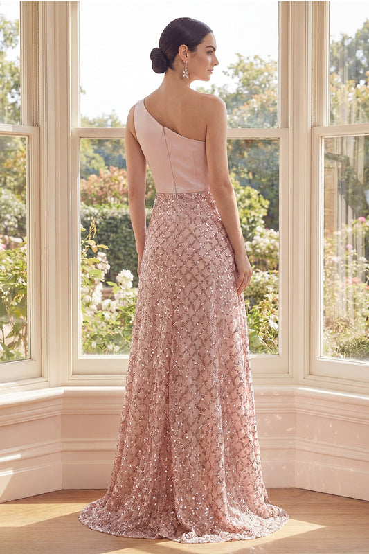 One Shoulder Blush A-Line Sequin Maxi Dress