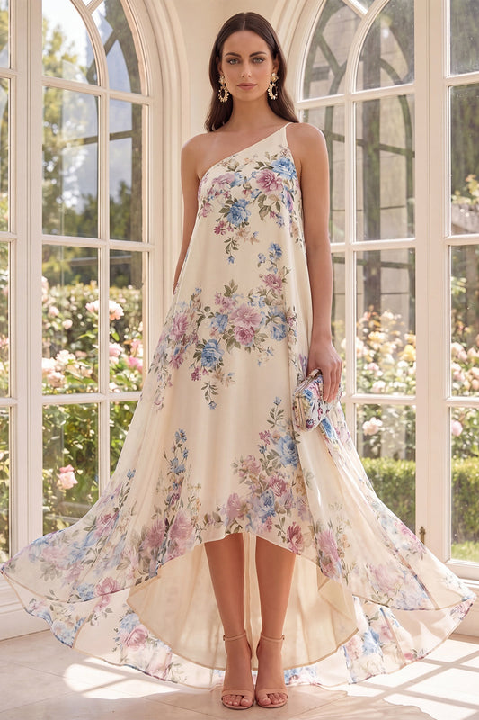 Apricot One Shoulder A Line High Low Beach Floral Dress