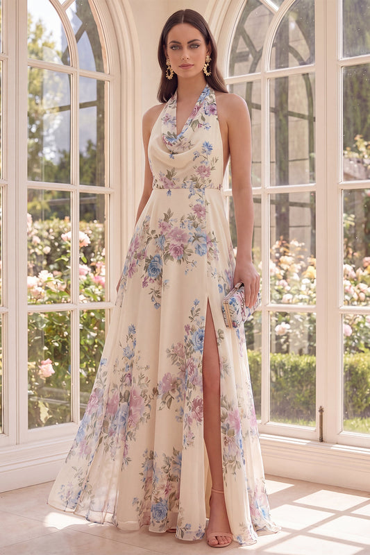 Halter Backless Apricot Floral A Line Maxi Beach Maxi Dress with Slit