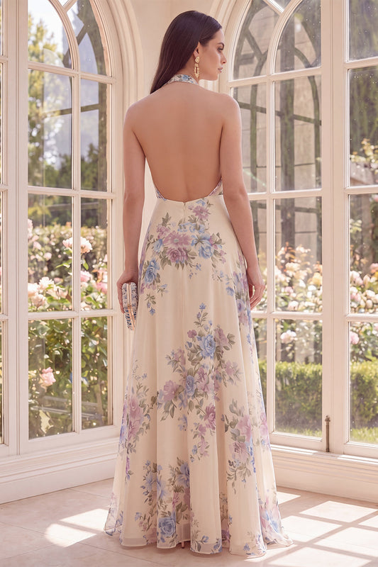 Halter Backless Apricot Floral A Line Maxi Beach Maxi Dress with Slit