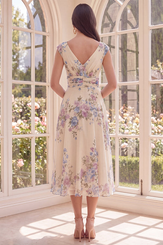 Ruched Apricot V-Neck Floral A Line Beach Midi Dress