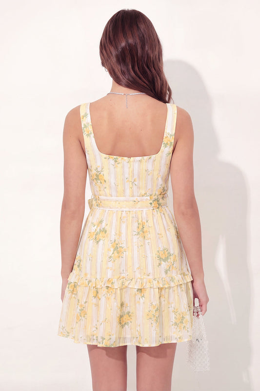 Yellow Floral Square Neck A Line Mini Graduation Dress with Belt