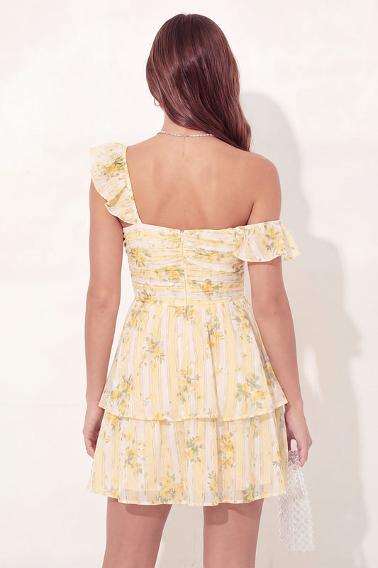 A-Line Yellow Floral Ruched Mini Graduation Dress with Ruffles