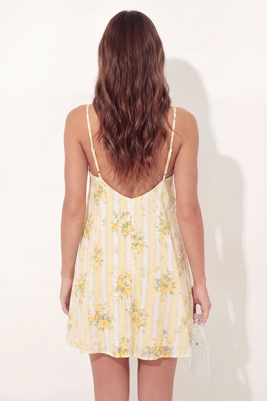A-Line Yellow Spaghetti Straps Floral Mini Graduation Dress