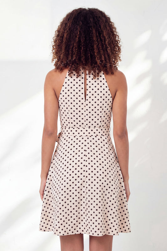 White Black Dot A-Line Halter Neck Mini Graduation Dress with Belt