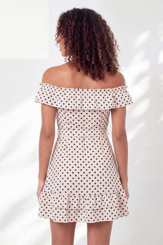 Off the Shoulder White Black Dot A-Line Ruffled Mini Graduation Dress with Belt