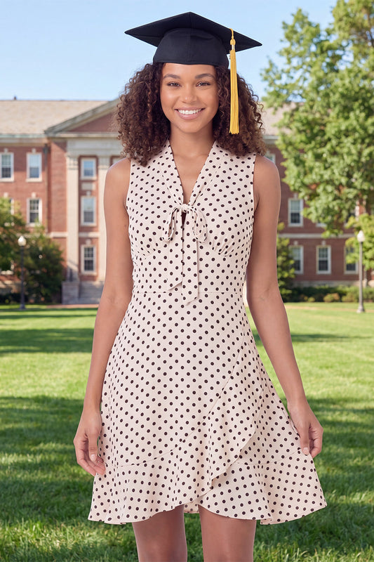 White Black Dot A-Line V-Neck Ruffle Mini Graduation Dress