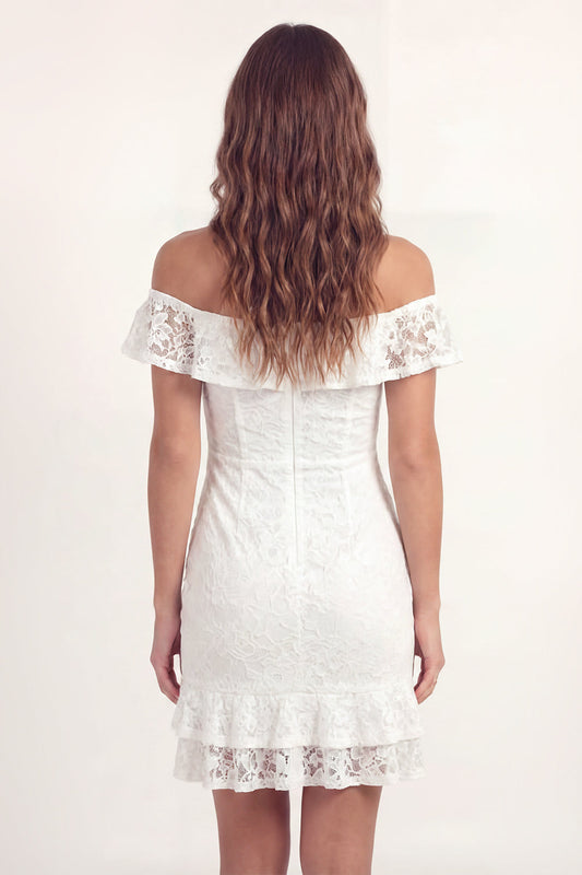 Off the Shoulder White Lace Bodycon Mini Graduation Dress with Ruffles