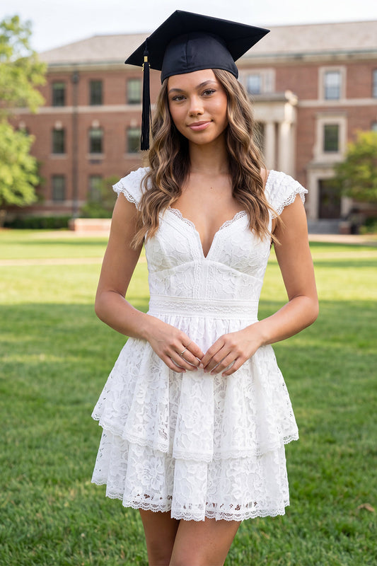 White Lace A-Line V-Neck Mini Graduation Dress with Cap Sleeves