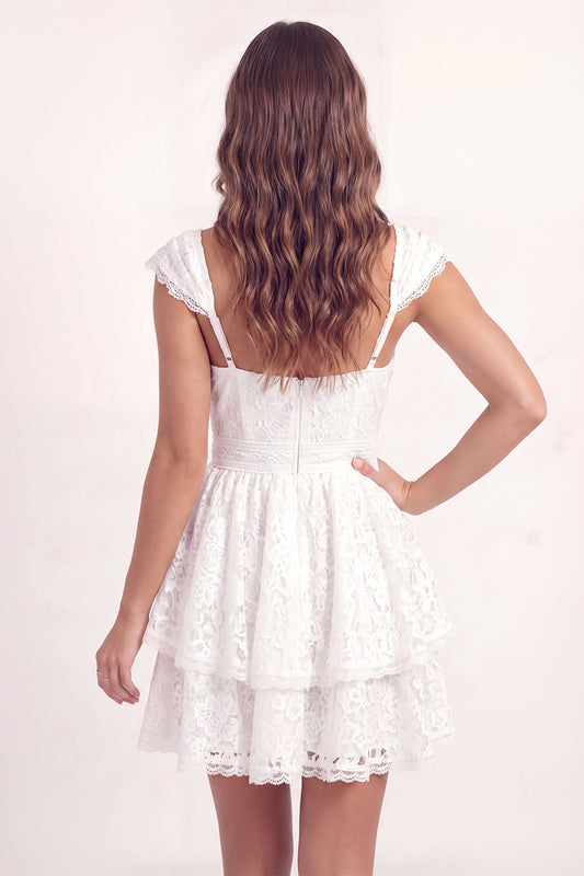 White Lace A-Line V-Neck Mini Graduation Dress with Cap Sleeves