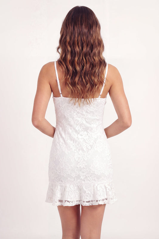 White Lace Bodycon Spaghetti Strap Ruffled Mini Graduation Dress