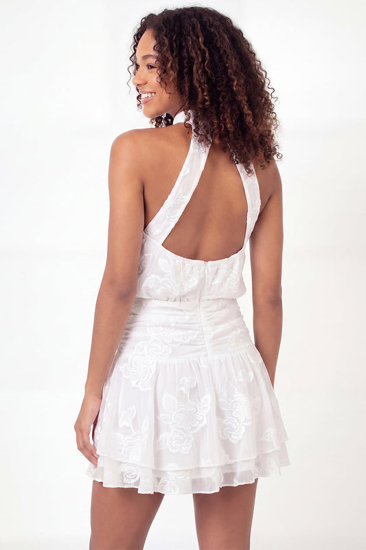 Halter Neck A-Line White Floral Mini Graduation Dress