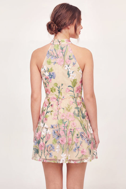 Yellow Halter Neck Tulle Floral Embroidered Mini Cocktail Dress