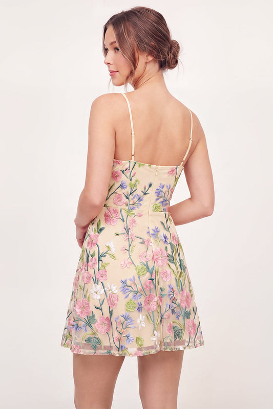 Tulle Floral A-Line Embroidered Yellow Mini Party Dress
