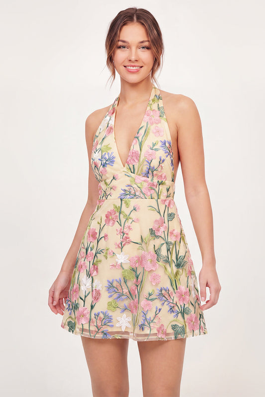 Tulle Floral A-Line Embroidered Halter Neck Yellow Mini Cocktail Dress
