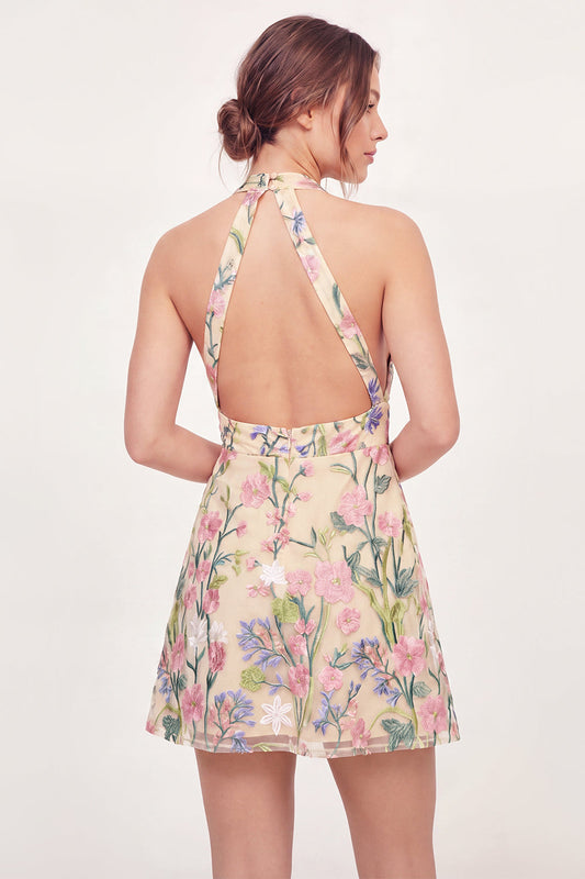 Tulle Floral A-Line Embroidered Halter Neck Yellow Mini Cocktail Dress