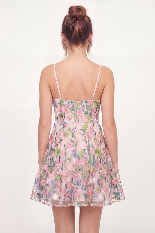 Robe courte de bal de fin d'année rose brodée en tulle floral trapèze