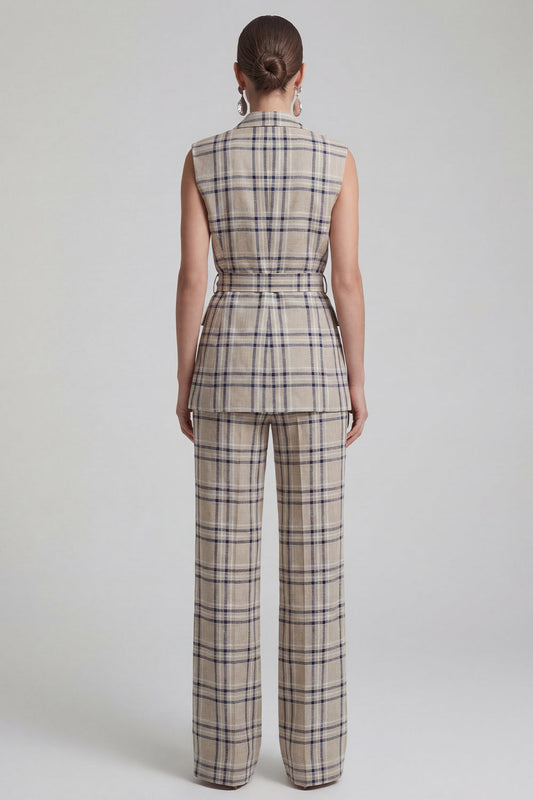 Costume pour femme croisé, 2 pièces, revers à revers crantés, à carreaux gris