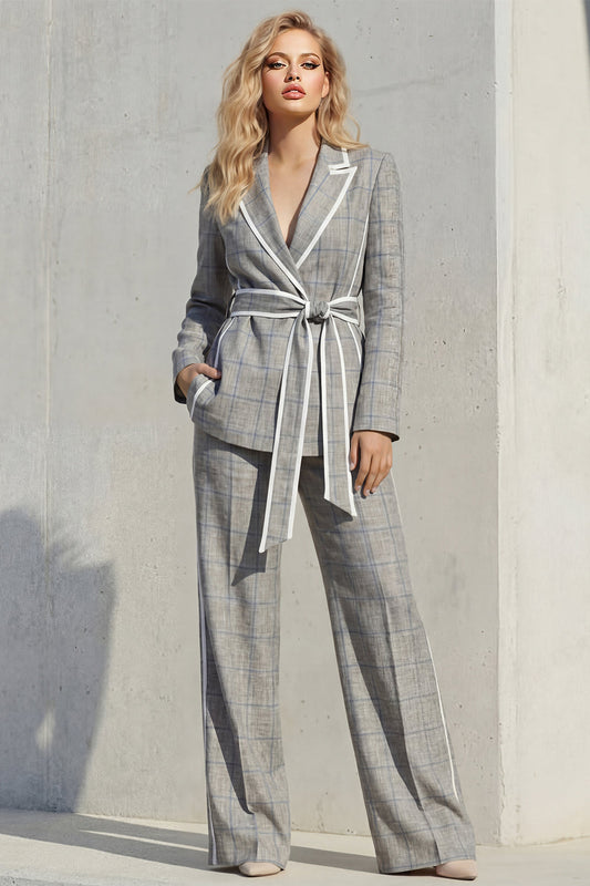 Grey Peak Lapel 2-Piece Women's Suit with Belt
