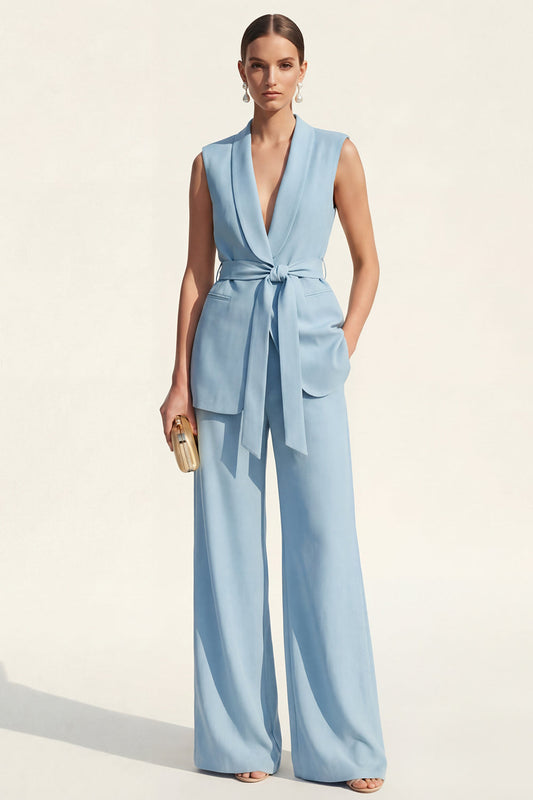 Costume tailleur femme bleu 2 pièces à revers châle avec ceinture