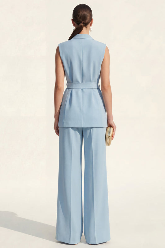Costume tailleur femme bleu 2 pièces à revers châle avec ceinture