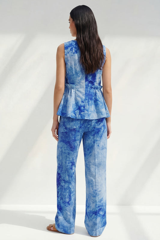 Ensemble tailleur 2 pièces bleu à imprimé, volanté, col bateau, avec poches