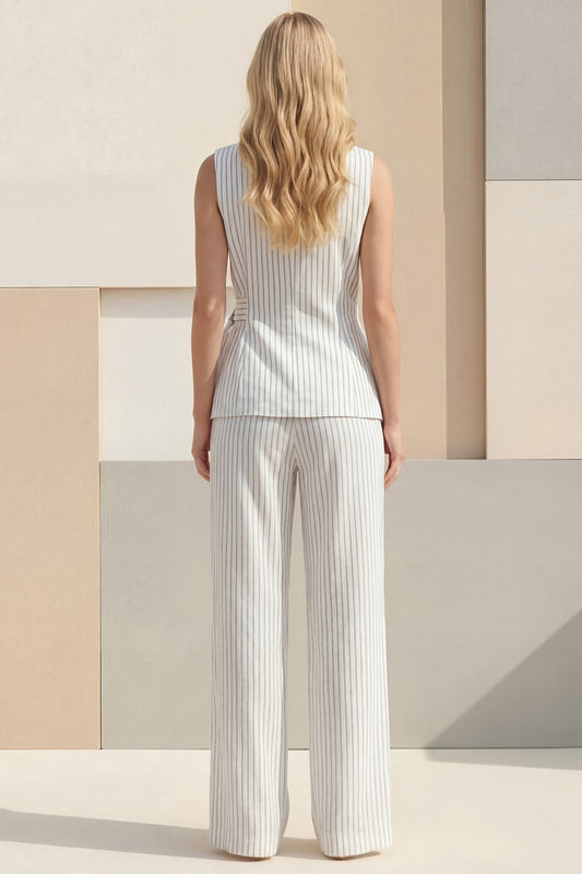 White Shawl Lapel Striped Wide Leg 2 Piece Business Suits with Sash
