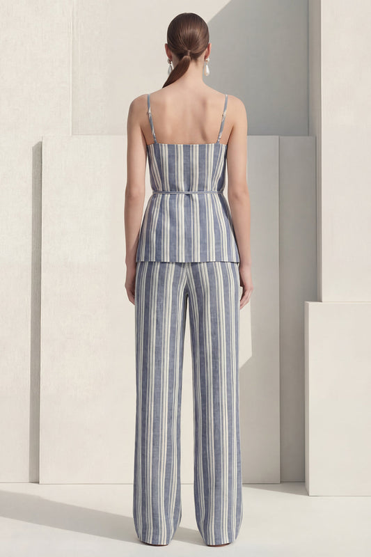 Ensemble tailleur-pantalon femme simple boutonnage à fines bretelles bleu poussière rayé, avec ceinture