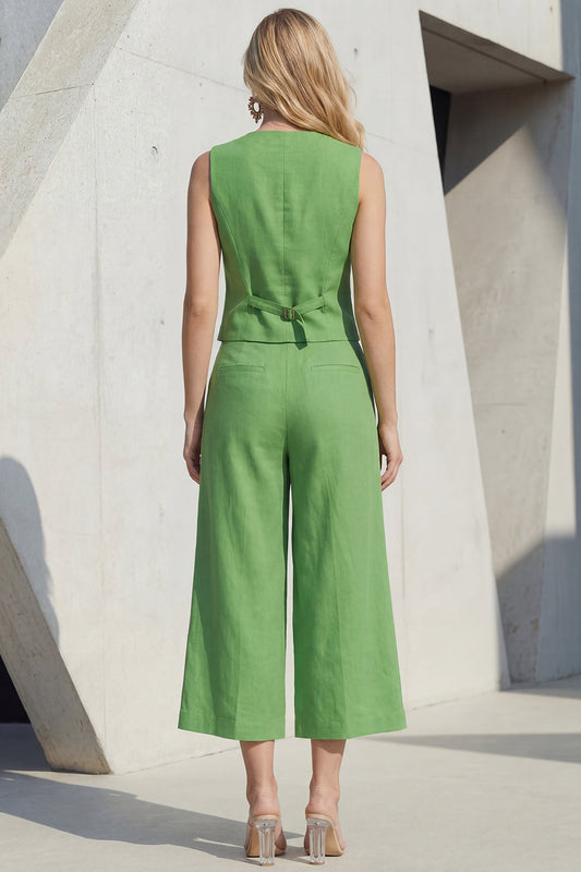 Costumes pour femmes ajustés mi-longs à col en V vert à simple boutonnage