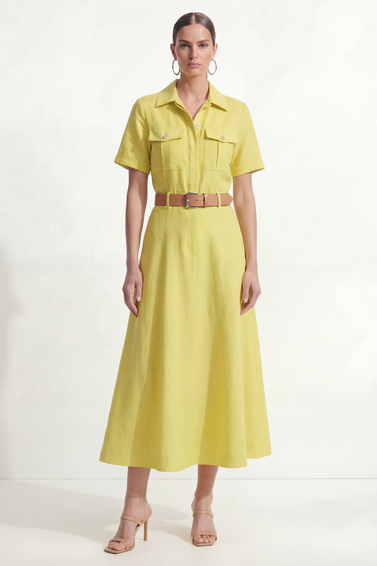 Robe de travail midi trapèze jaune citron à col, manches courtes et ceinture
