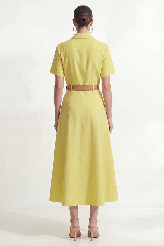 Robe de travail midi trapèze jaune citron à col, manches courtes et ceinture