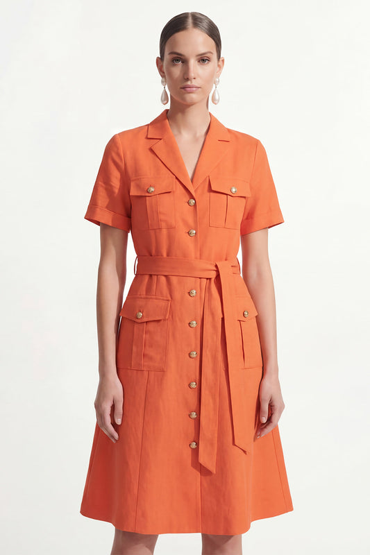 Vestido corto de trabajo naranja con solapa con muescas y cinturón
