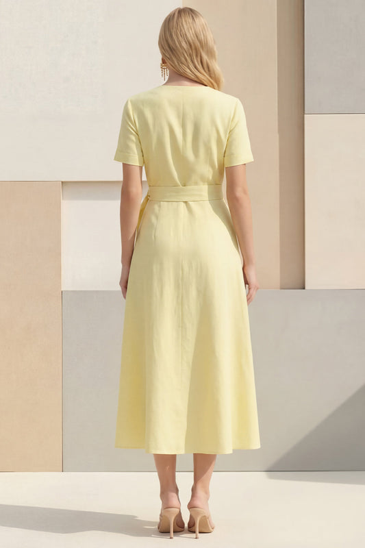 Light Yellow A-Line V-Neck Midi Satin Work Dress with Belt