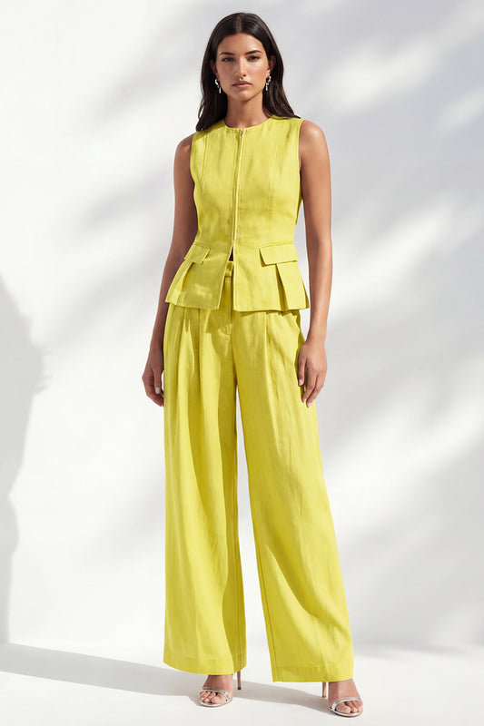 Lemon Yellow Crew Neck Slim Fit Long Women Suit