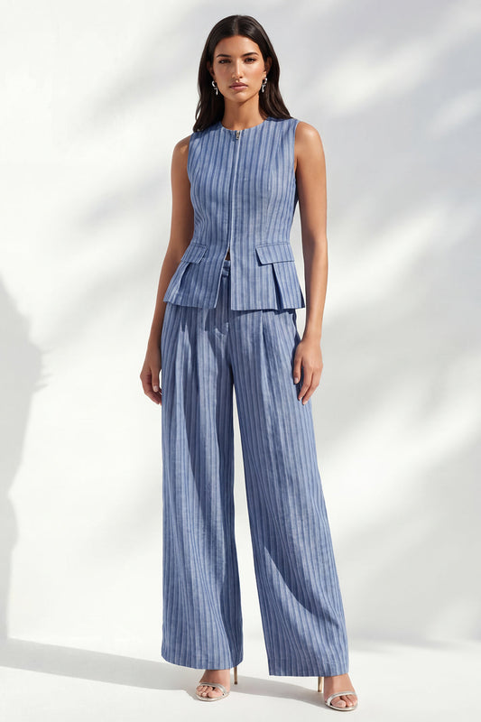 Costume long slim fit col rond à rayures bleu foncé pour femme