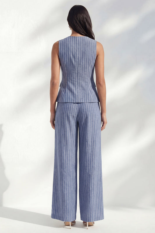 Costume long slim fit col rond à rayures bleu foncé pour femme