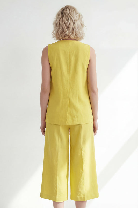 Butter Yellow V-Neck One Button Midi Sleevelsss Women Suit