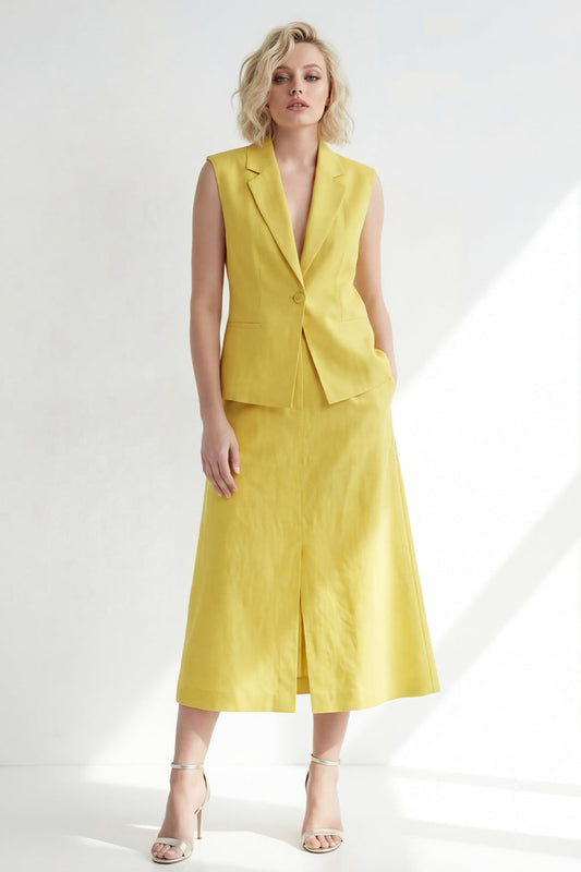 Butter Yellow Notched Lapel One Button Slim Fit Midi Work Dress with Slit